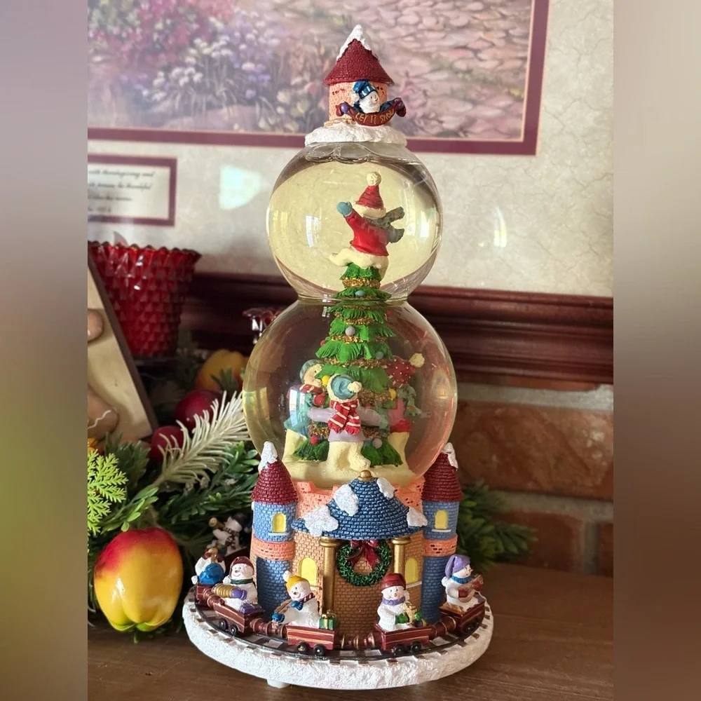 San Francisco Festive Double Snowman with Train Snow Globe Holiday Castle Decor